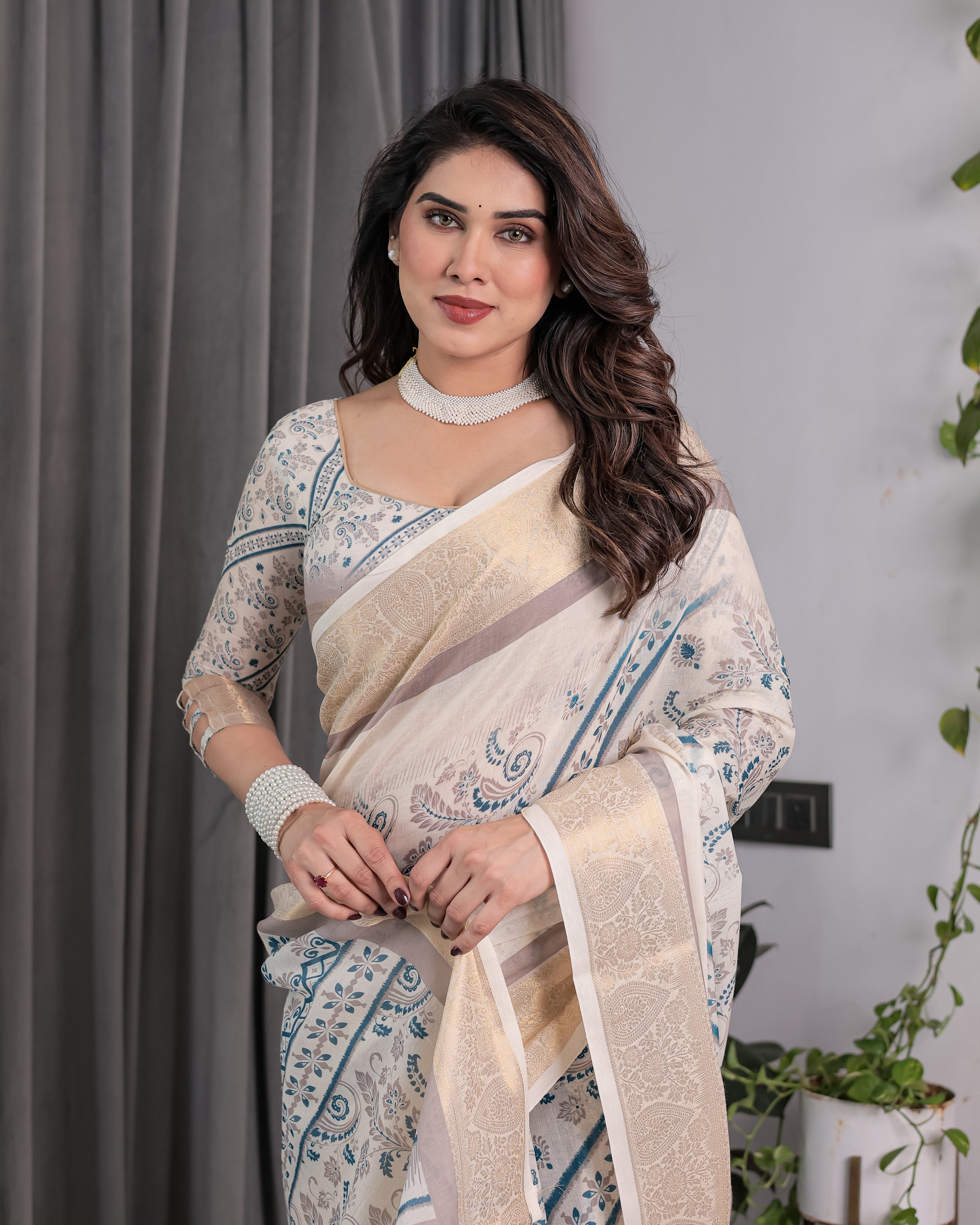 Ivory Beige Handloom Linen Saree with Teal Floral Buta & Paisley Border | Elegant Ethnic Printed Pallu & Zari Highlights | 5.5m Saree + 0.8m Blouse