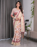 Beige Handloom Linen Saree with Maroon Tribal Geometric Digital Print & Zari Border | Festive Drape | 5.5m Saree + 0.8m Blouse