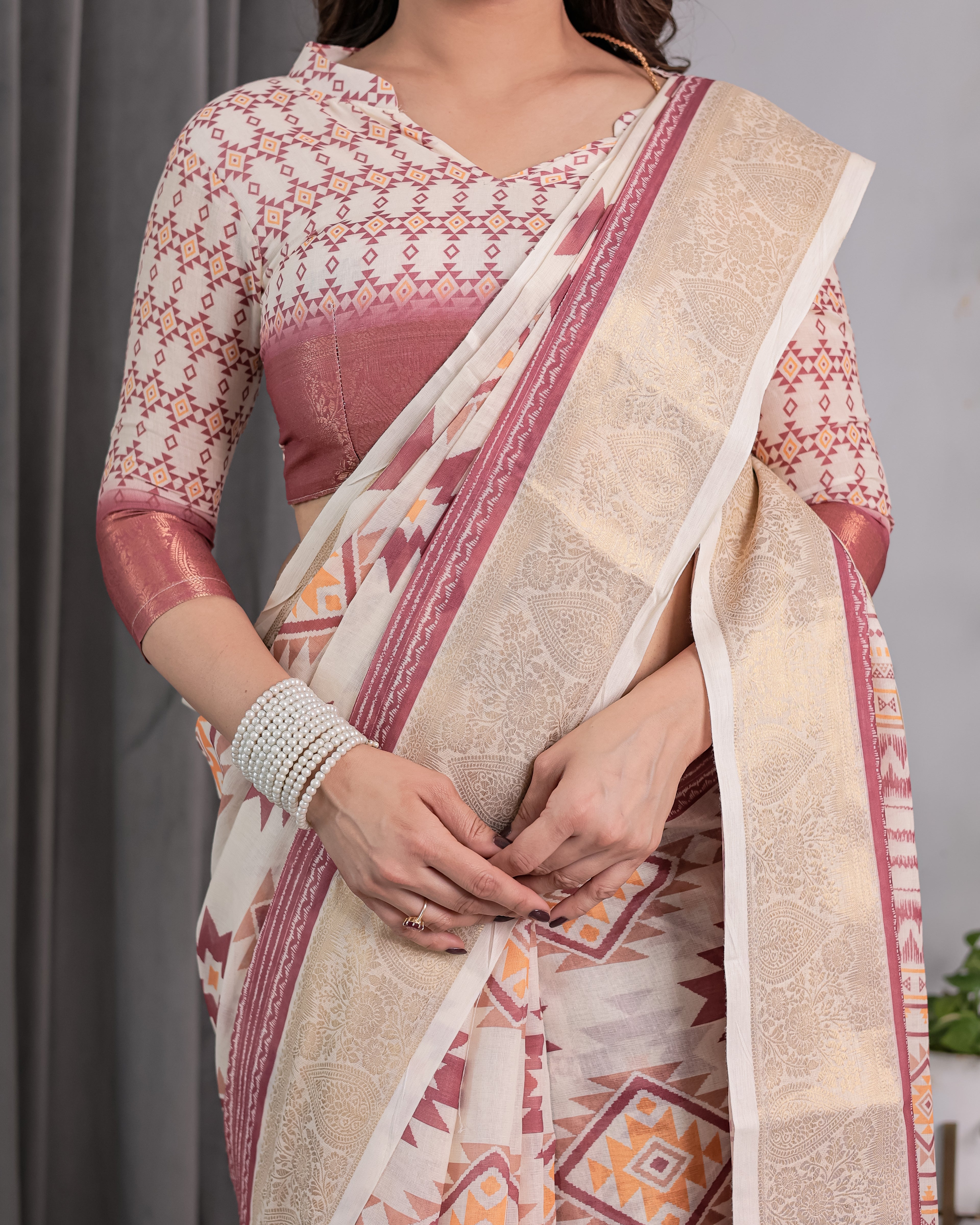 Beige Handloom Linen Saree with Maroon Tribal Geometric Digital Print & Zari Border | Festive Drape | 5.5m Saree + 0.8m Blouse