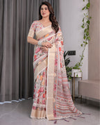 Cream Handloom Linen Saree with Multicolor Floral Print & Striped Pallu | Zari Border & Tassels | 5.5m Saree + 0.8m Blouse