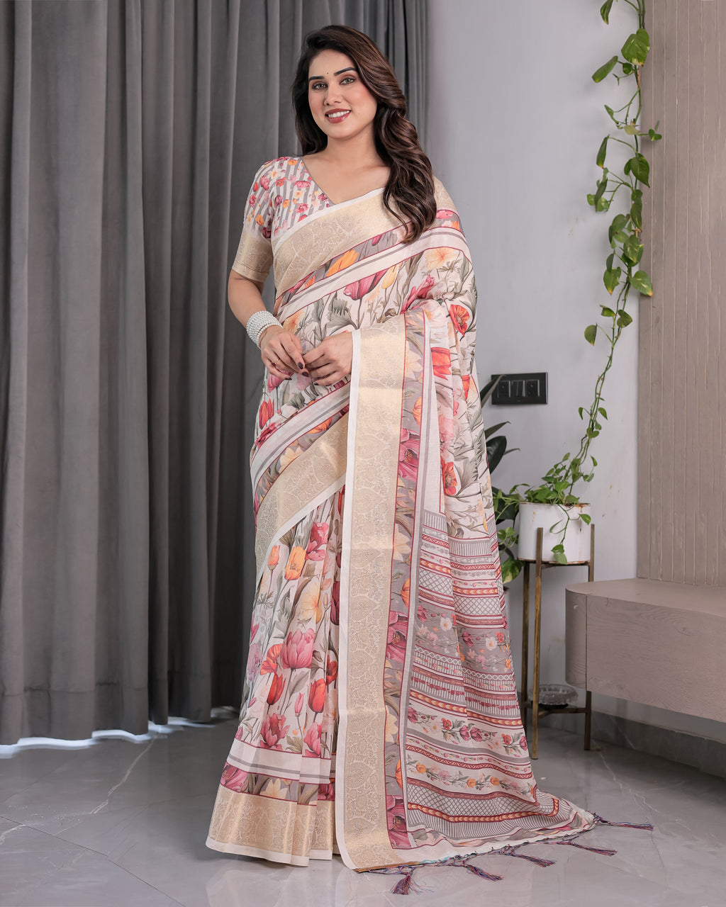 Cream Handloom Linen Saree with Multicolor Floral Print & Striped Pallu | Zari Border & Tassels | 5.5m Saree + 0.8m Blouse