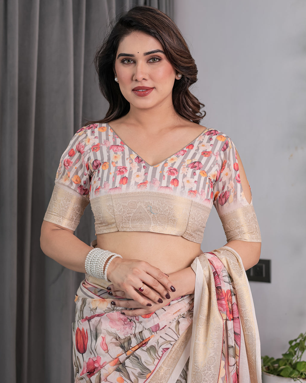 Cream Handloom Linen Saree with Multicolor Floral Print & Striped Pallu | Zari Border & Tassels | 5.5m Saree + 0.8m Blouse