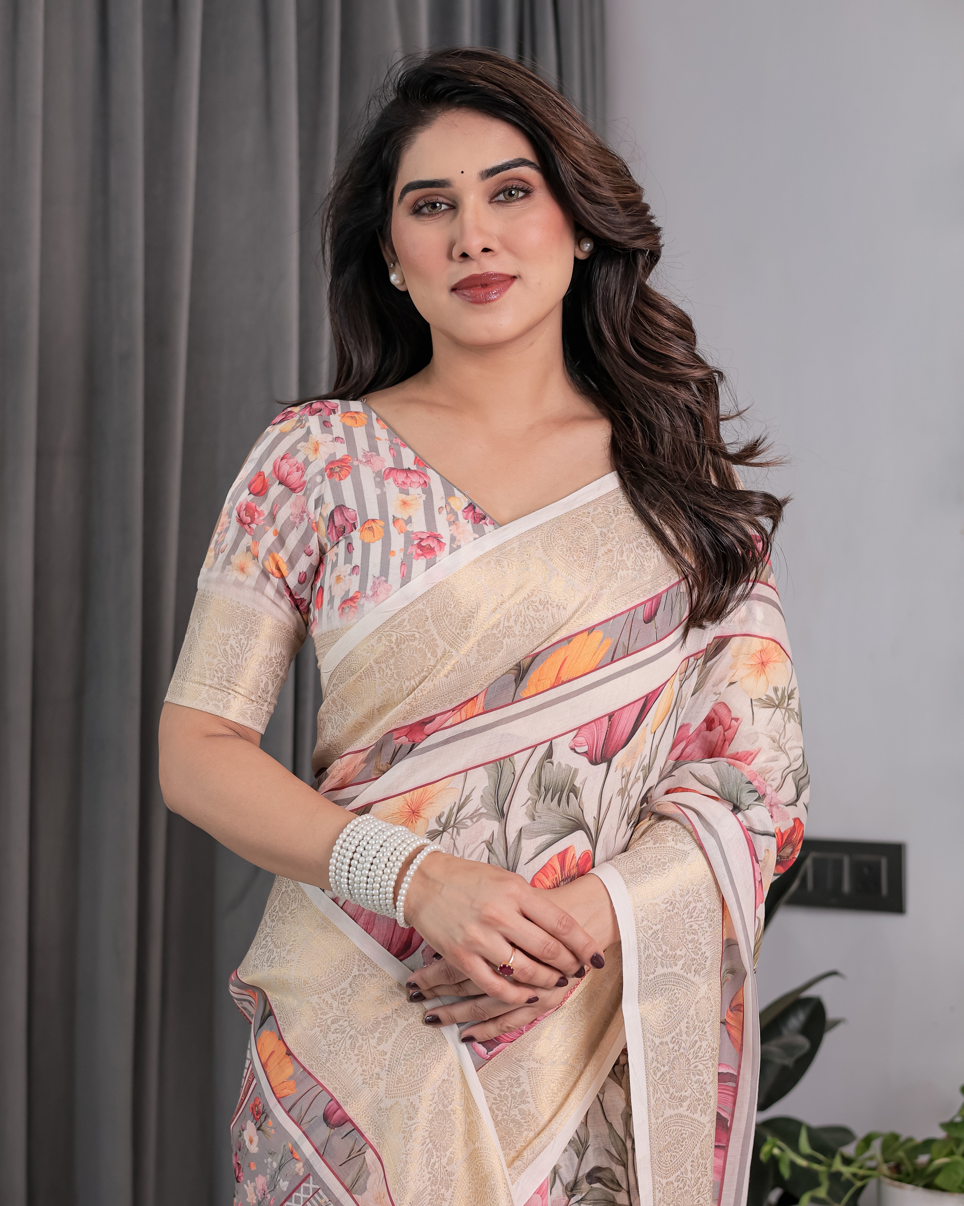 Cream Handloom Linen Saree with Multicolor Floral Print & Striped Pallu | Zari Border & Tassels | 5.5m Saree + 0.8m Blouse