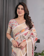 Cream Handloom Linen Saree with Multicolor Floral Print & Striped Pallu | Zari Border & Tassels | 5.5m Saree + 0.8m Blouse