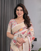Cream Handloom Linen Saree with Multicolor Floral Print & Striped Pallu | Zari Border & Tassels | 5.5m Saree + 0.8m Blouse