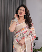 Cream Handloom Linen Saree with Multicolor Floral Print & Striped Pallu | Zari Border & Tassels | 5.5m Saree + 0.8m Blouse