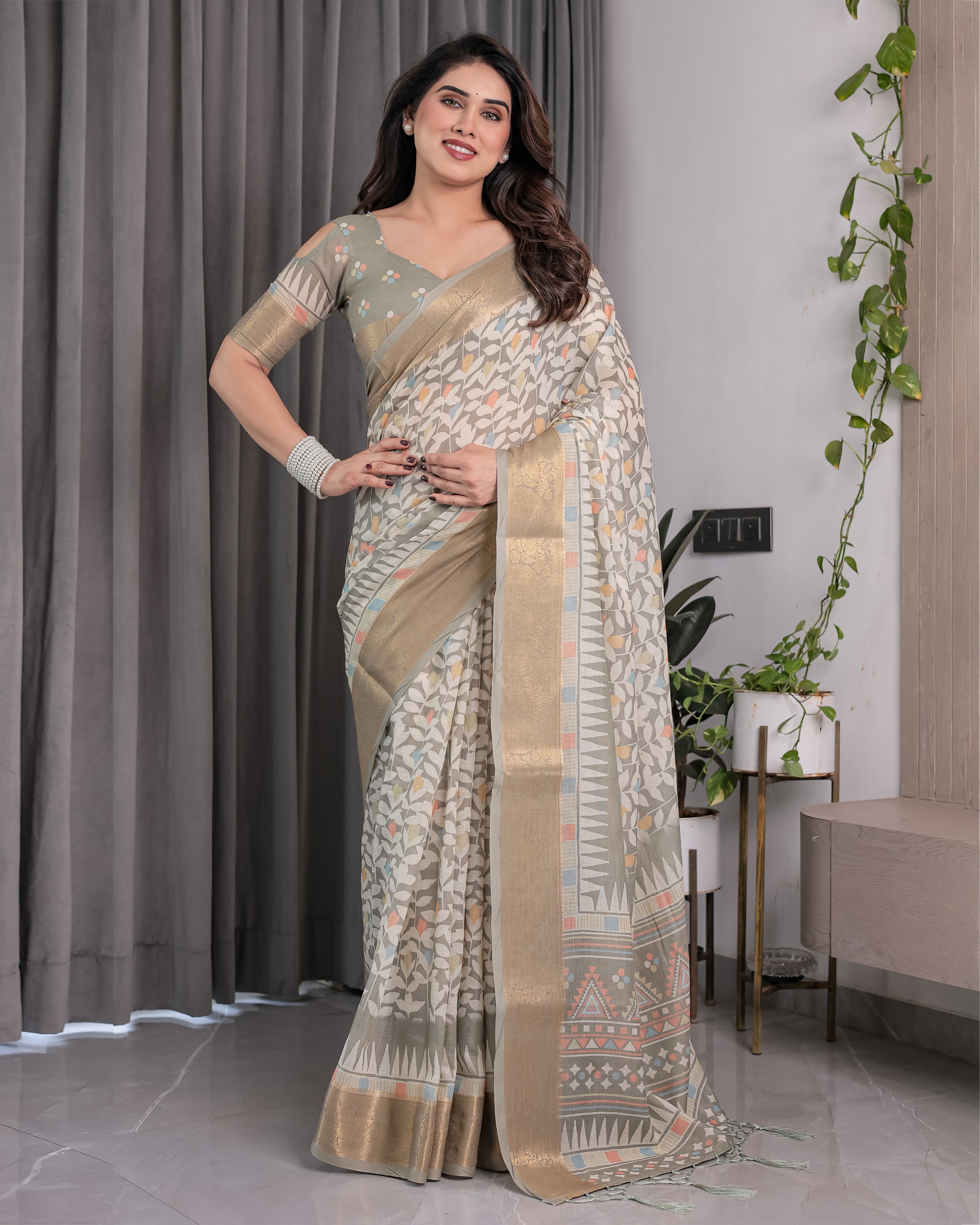 Ivory Beige Handloom Linen Saree with Multicolor Leaf Print & Tribal Geometric Pallu | Zari Border | 5.5m Saree + 0.8m Blouse with Tassels