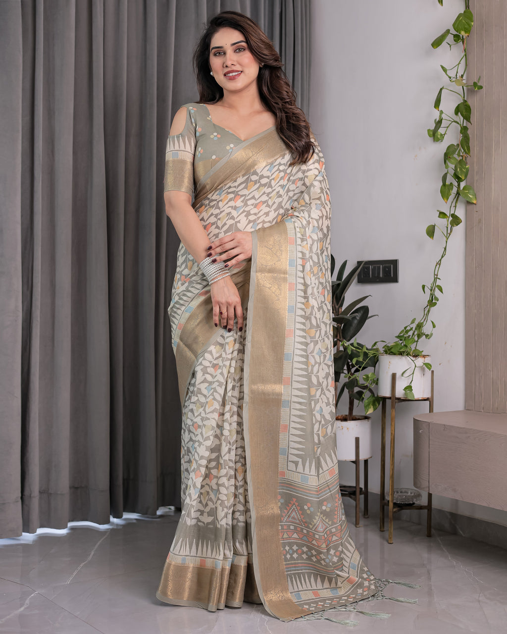 Ivory Beige Handloom Linen Saree with Multicolor Leaf Print & Tribal Geometric Pallu | Zari Border | 5.5m Saree + 0.8m Blouse with Tassels