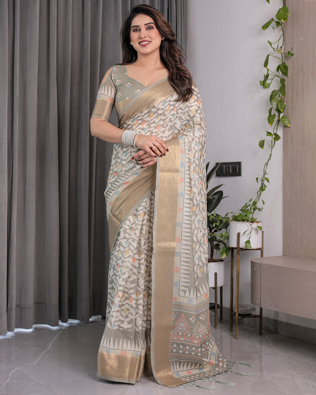Ivory Beige Handloom Linen Saree with Multicolor Leaf Print & Tribal Geometric Pallu | Zari Border | 5.5m Saree + 0.8m Blouse with Tassels