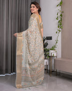 Ivory Beige Handloom Linen Saree with Multicolor Leaf Print & Tribal Geometric Pallu | Zari Border | 5.5m Saree + 0.8m Blouse with Tassels