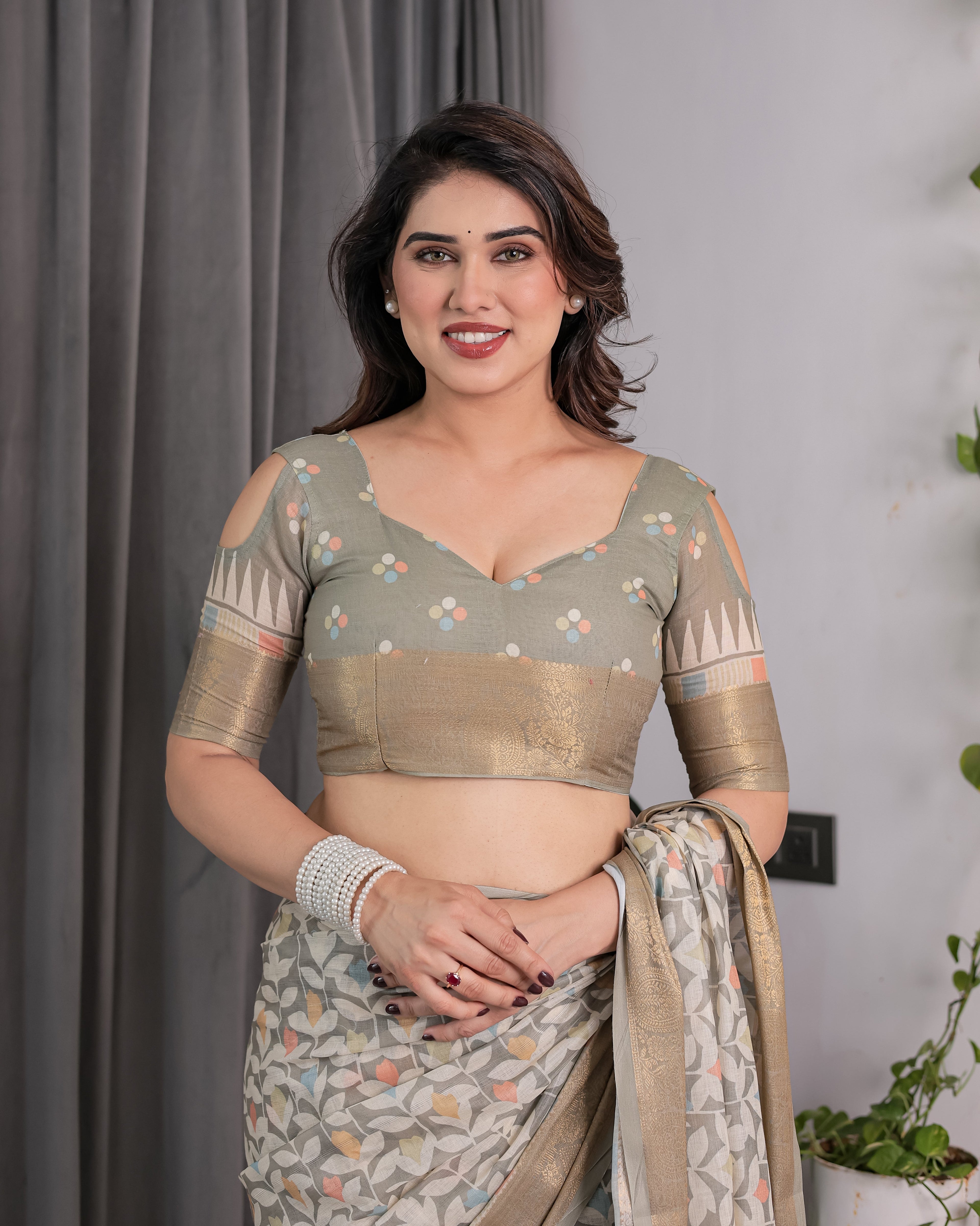 Ivory Beige Handloom Linen Saree with Multicolor Leaf Print & Tribal Geometric Pallu | Zari Border | 5.5m Saree + 0.8m Blouse with Tassels