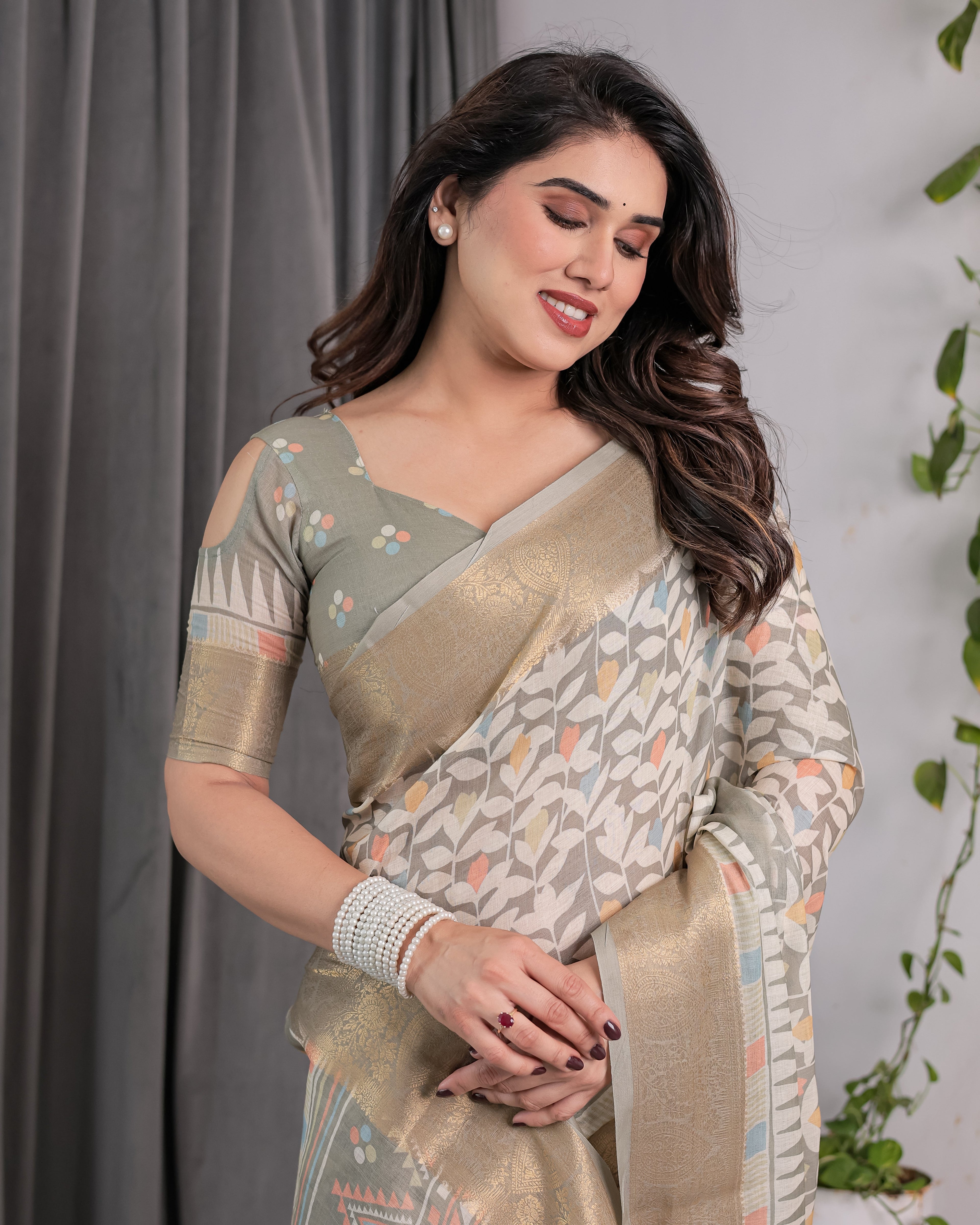 Ivory Beige Handloom Linen Saree with Multicolor Leaf Print & Tribal Geometric Pallu | Zari Border | 5.5m Saree + 0.8m Blouse with Tassels