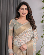 Ivory Beige Handloom Linen Saree with Multicolor Leaf Print & Tribal Geometric Pallu | Zari Border | 5.5m Saree + 0.8m Blouse with Tassels