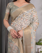 Ivory Beige Handloom Linen Saree with Multicolor Leaf Print & Tribal Geometric Pallu | Zari Border | 5.5m Saree + 0.8m Blouse with Tassels