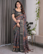 Charcoal Grey Digital Printed Saree with Maroon Floral & Tribal Border Motifs | Antique Zari Highlights | 5.5m Saree + 0.8m Blouse Piece
