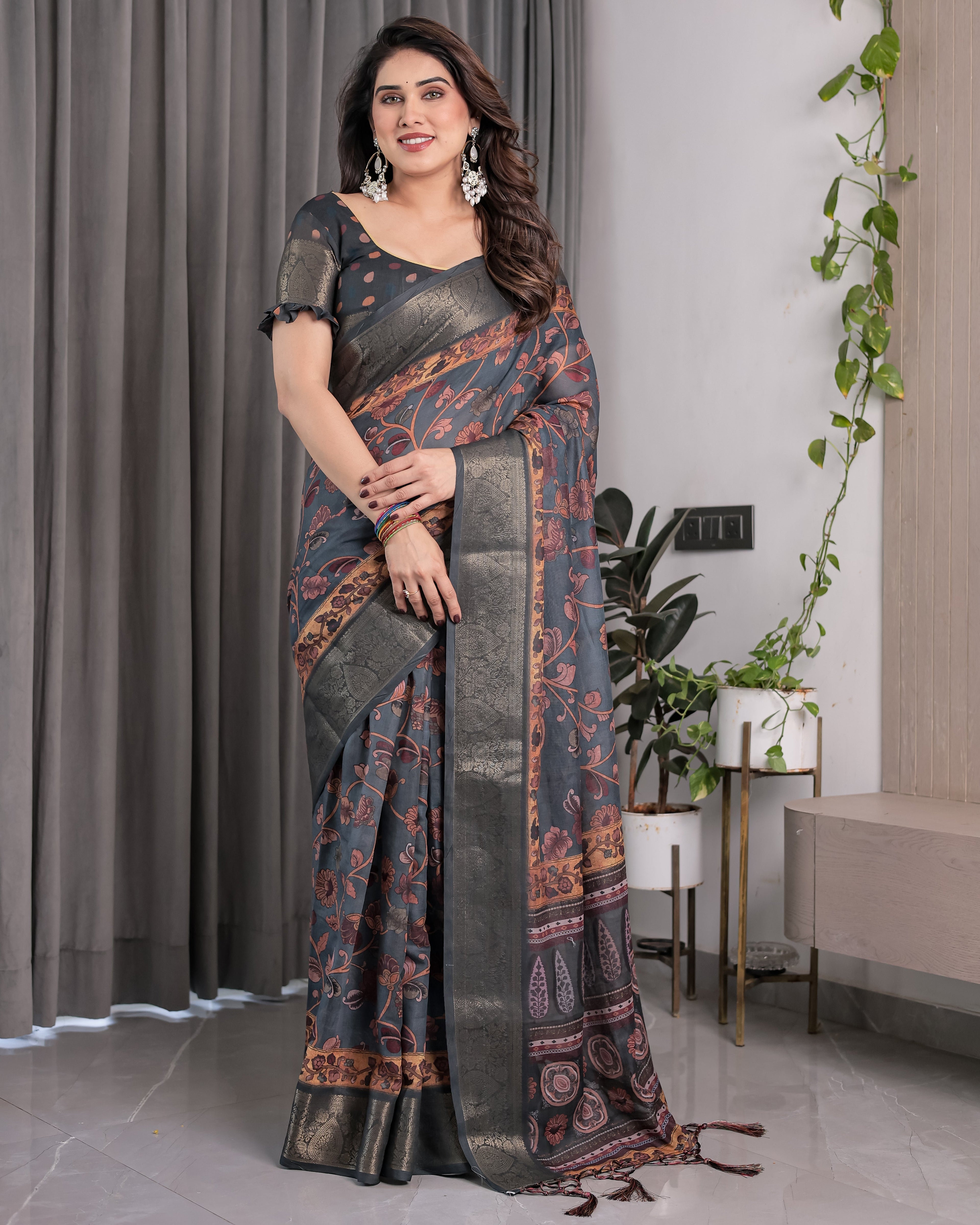Charcoal Grey Digital Printed Saree with Maroon Floral & Tribal Border Motifs | Antique Zari Highlights | 5.5m Saree + 0.8m Blouse Piece