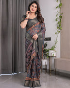 Charcoal Grey Digital Printed Saree with Maroon Floral & Tribal Border Motifs | Antique Zari Highlights | 5.5m Saree + 0.8m Blouse Piece