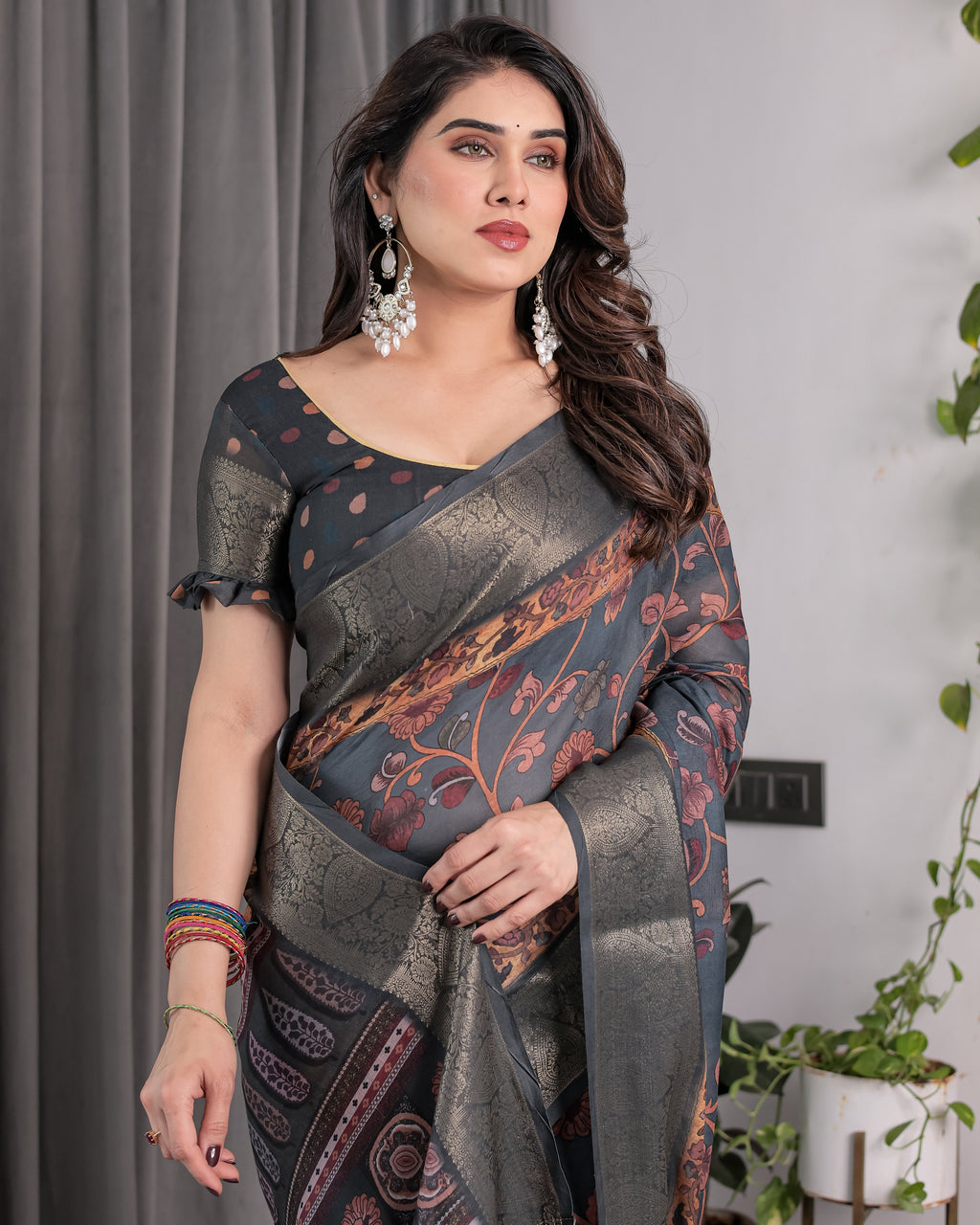 Charcoal Grey Digital Printed Saree with Maroon Floral & Tribal Border Motifs | Antique Zari Highlights | 5.5m Saree + 0.8m Blouse Piece