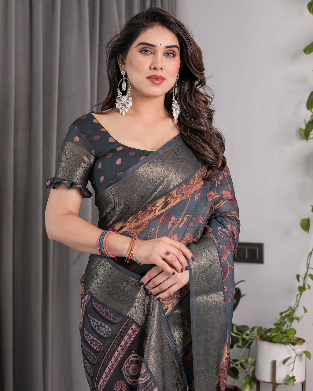 Charcoal Grey Digital Printed Saree with Maroon Floral & Tribal Border Motifs | Antique Zari Highlights | 5.5m Saree + 0.8m Blouse Piece