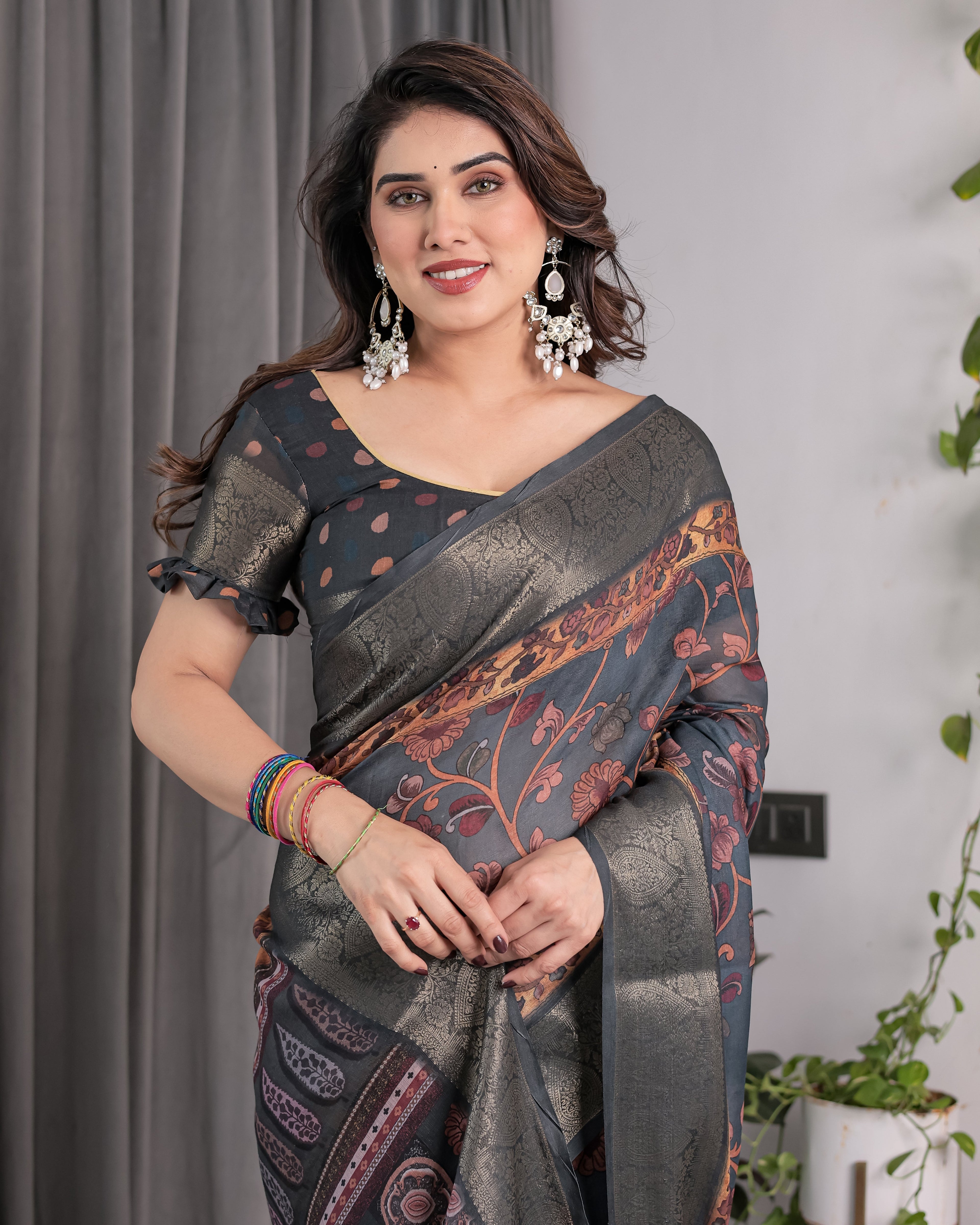 Charcoal Grey Digital Printed Saree with Maroon Floral & Tribal Border Motifs | Antique Zari Highlights | 5.5m Saree + 0.8m Blouse Piece