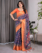 Vibrant Orange & Navy Blue Handloom Saree with Kalamkari Peacock Art Pallu & Zari Border | 5.5m Saree + 0.8m Blouse Piece