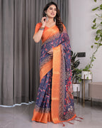 Vibrant Orange & Navy Blue Handloom Saree with Kalamkari Peacock Art Pallu & Zari Border | 5.5m Saree + 0.8m Blouse Piece