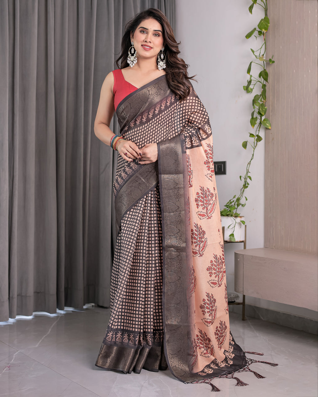 Elegant Beige Handloom Saree with Maroon Leaf Butta & Black Zari Woven Pallu | Festive Drape | 5.5m Saree + 0.8m Blouse
