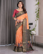 Dual-Tone Mustard & Olive Handloom Saree with Kalamkari-Inspired Bird Motifs & Zari Border | 5.5m Saree + 0.8m Blouse
