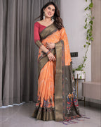 Dual-Tone Mustard & Olive Handloom Saree with Kalamkari-Inspired Bird Motifs & Zari Border | 5.5m Saree + 0.8m Blouse