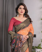 Dual-Tone Mustard & Olive Handloom Saree with Kalamkari-Inspired Bird Motifs & Zari Border | 5.5m Saree + 0.8m Blouse