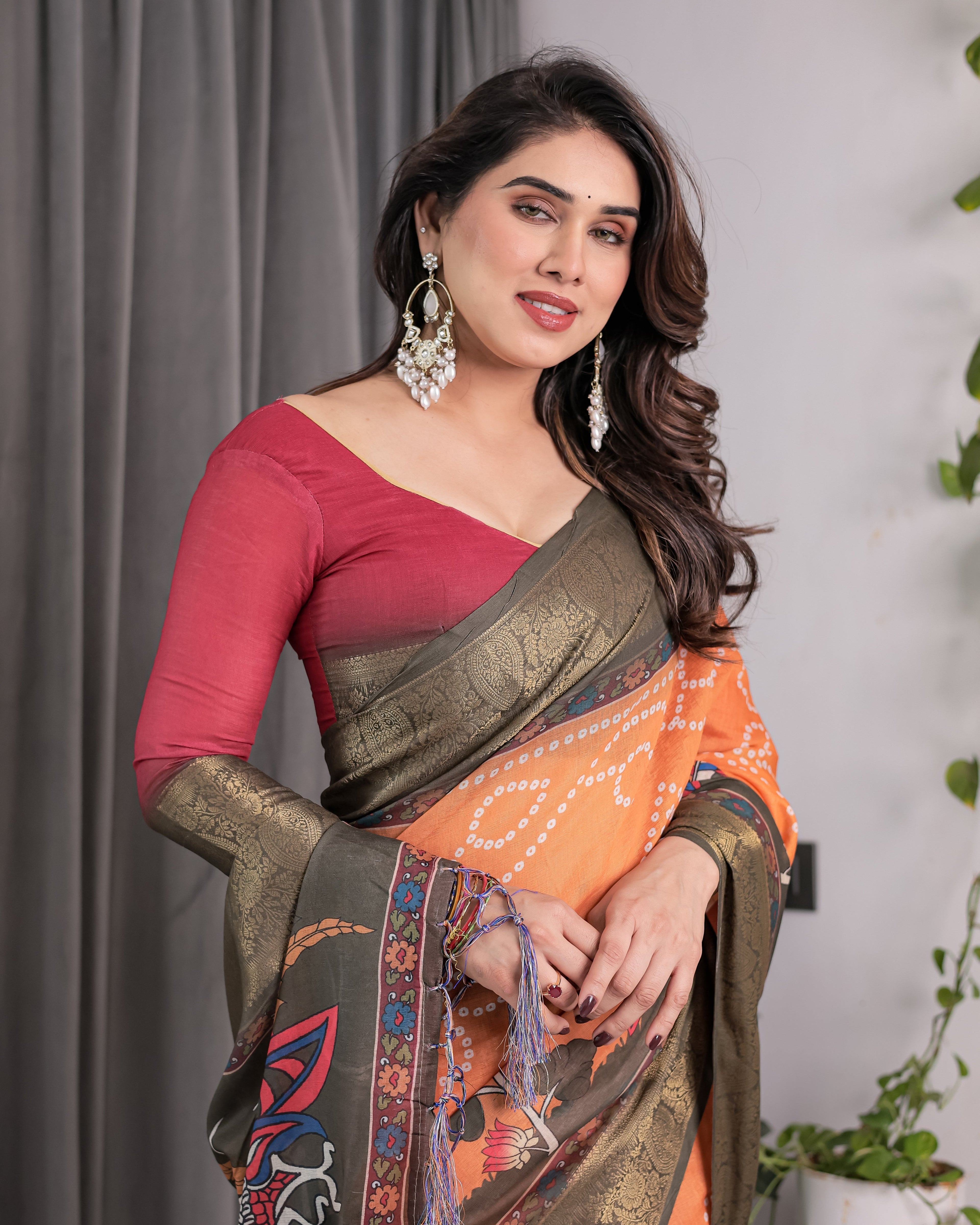 Dual-Tone Mustard & Olive Handloom Saree with Kalamkari-Inspired Bird Motifs & Zari Border | 5.5m Saree + 0.8m Blouse