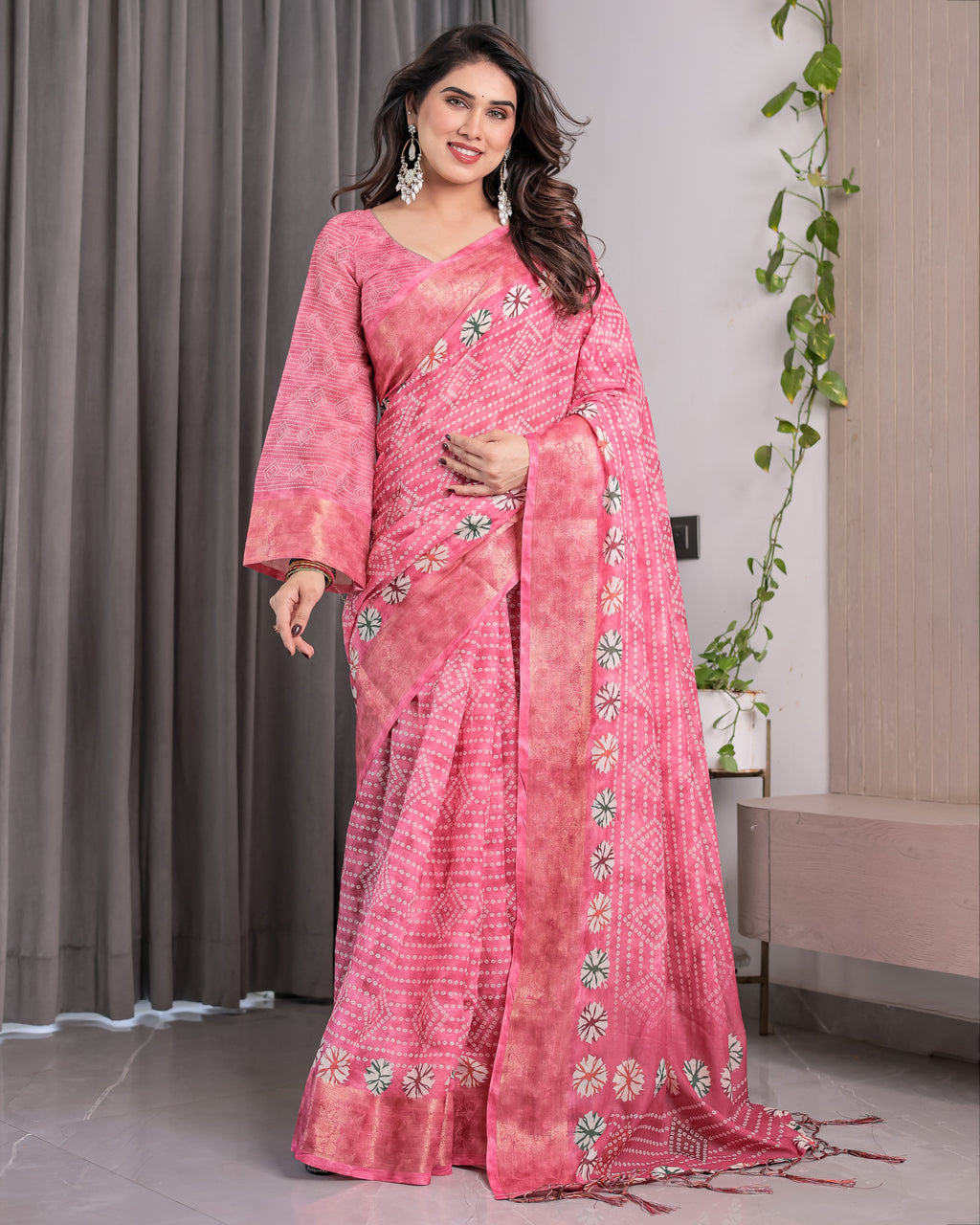 Rose Pink Bandhani-Inspired Handloom Linen Saree with White Floral Dots & Zari Border | 5.5m Saree + 0.8m Attached Blouse with Tassels