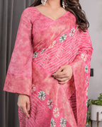 Rose Pink Bandhani-Inspired Handloom Linen Saree with White Floral Dots & Zari Border | 5.5m Saree + 0.8m Attached Blouse with Tassels