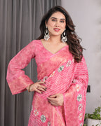 Rose Pink Bandhani-Inspired Handloom Linen Saree with White Floral Dots & Zari Border | 5.5m Saree + 0.8m Attached Blouse with Tassels