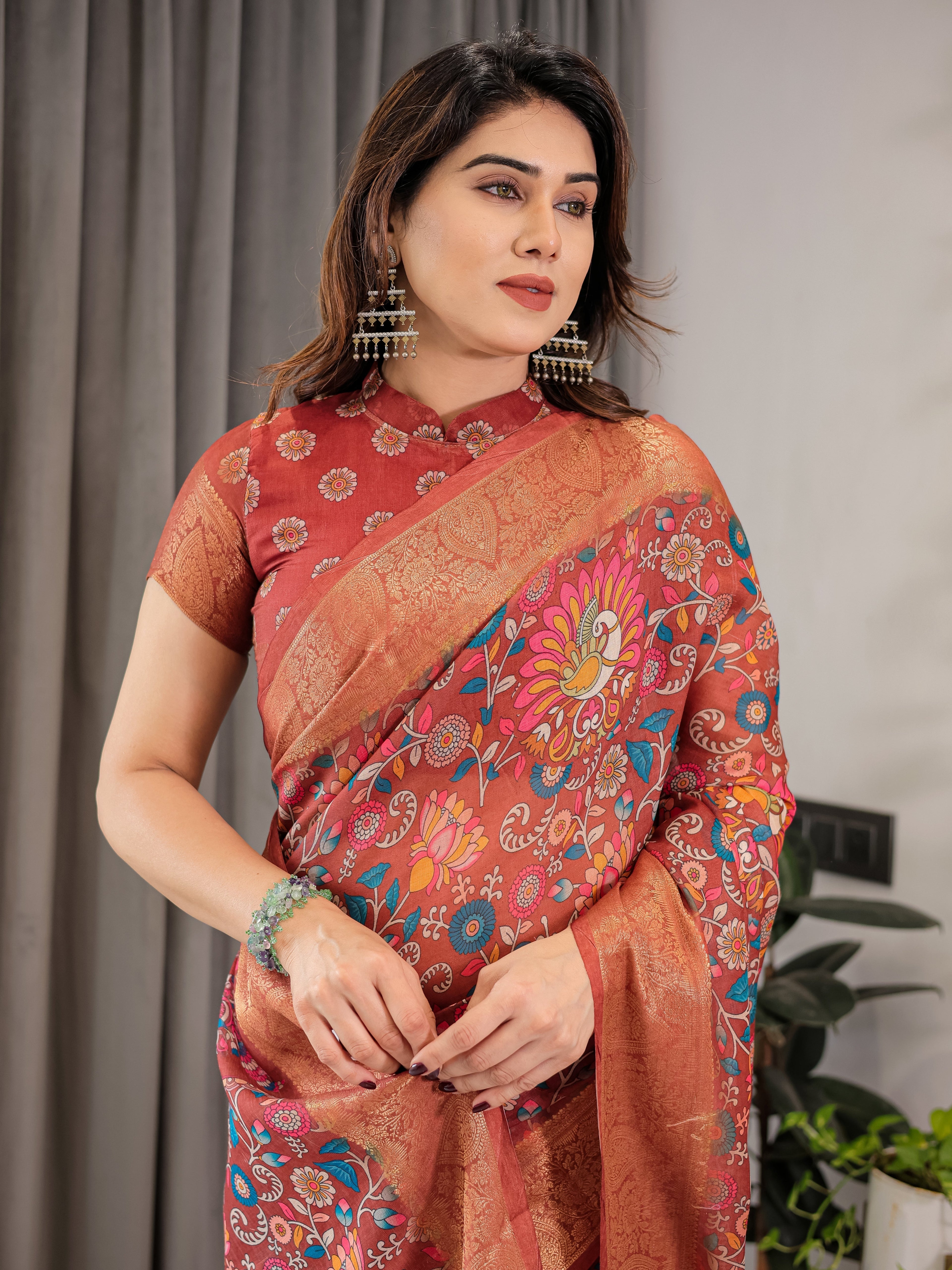 Rust Orange Cotton Linen Saree with Multicolor Floral Print & Zari Border | With Blouse