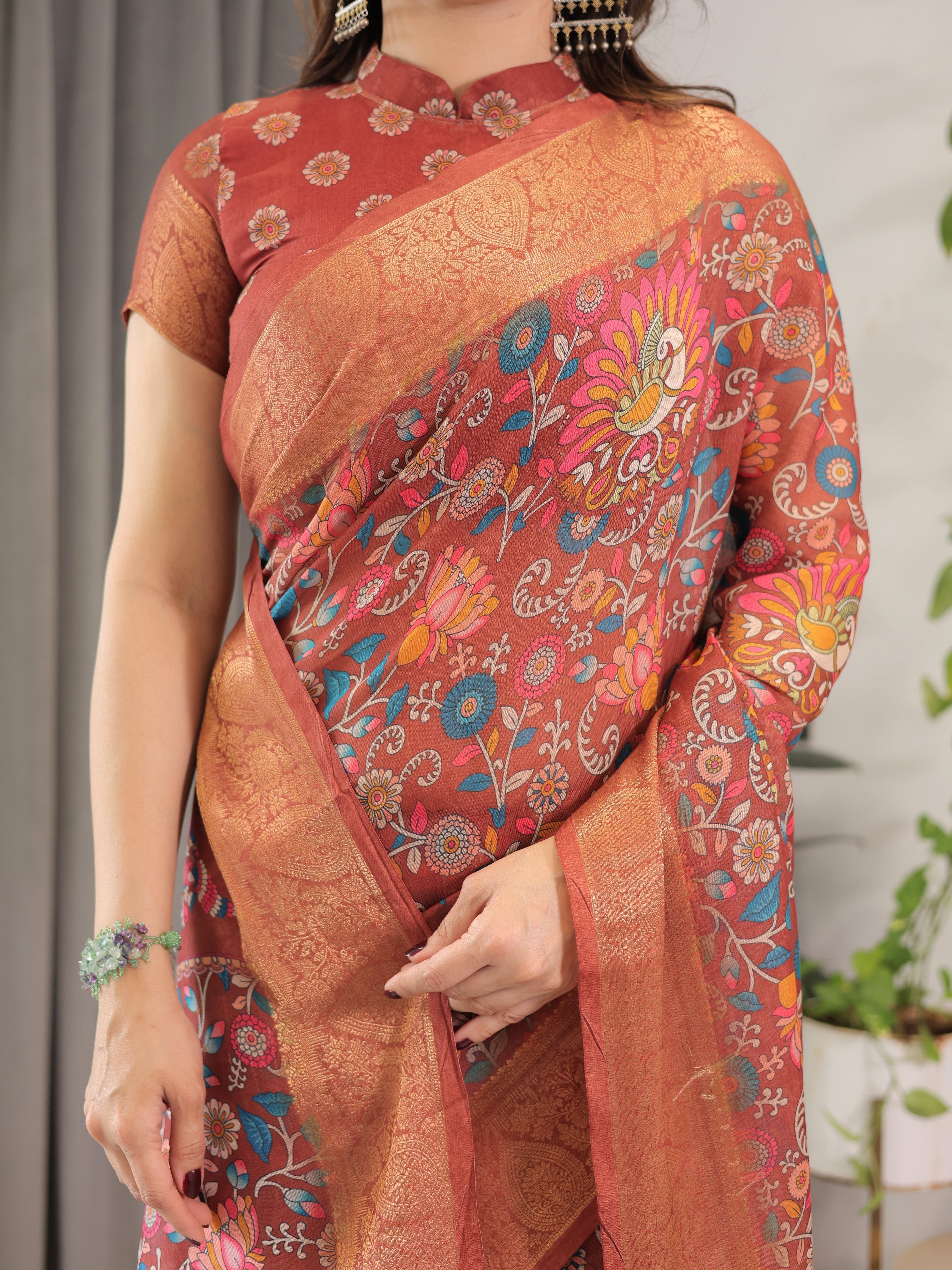 Rust Orange Cotton Linen Saree with Multicolor Floral Print & Zari Border | With Blouse
