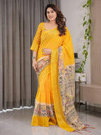 Sunshine Yellow Cotton Linen Saree with Madhubani Pallu & Zari Border | With Blouse Piece