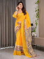 Sunshine Yellow Cotton Linen Saree with Madhubani Pallu & Zari Border | With Blouse Piece