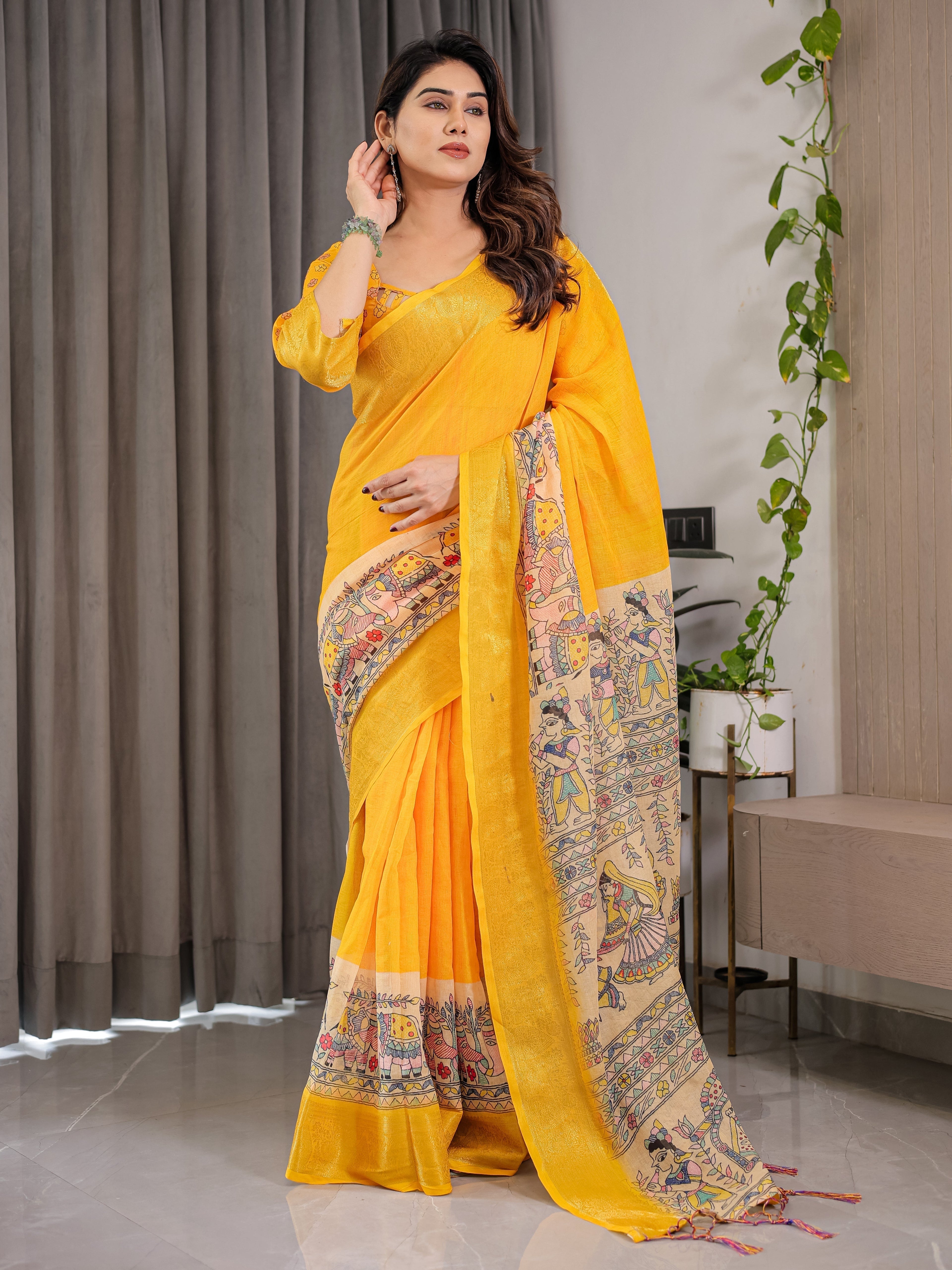 Sunshine Yellow Cotton Linen Saree with Madhubani Pallu & Zari Border | With Blouse Piece
