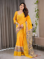 Sunshine Yellow Cotton Linen Saree with Madhubani Pallu & Zari Border | With Blouse Piece