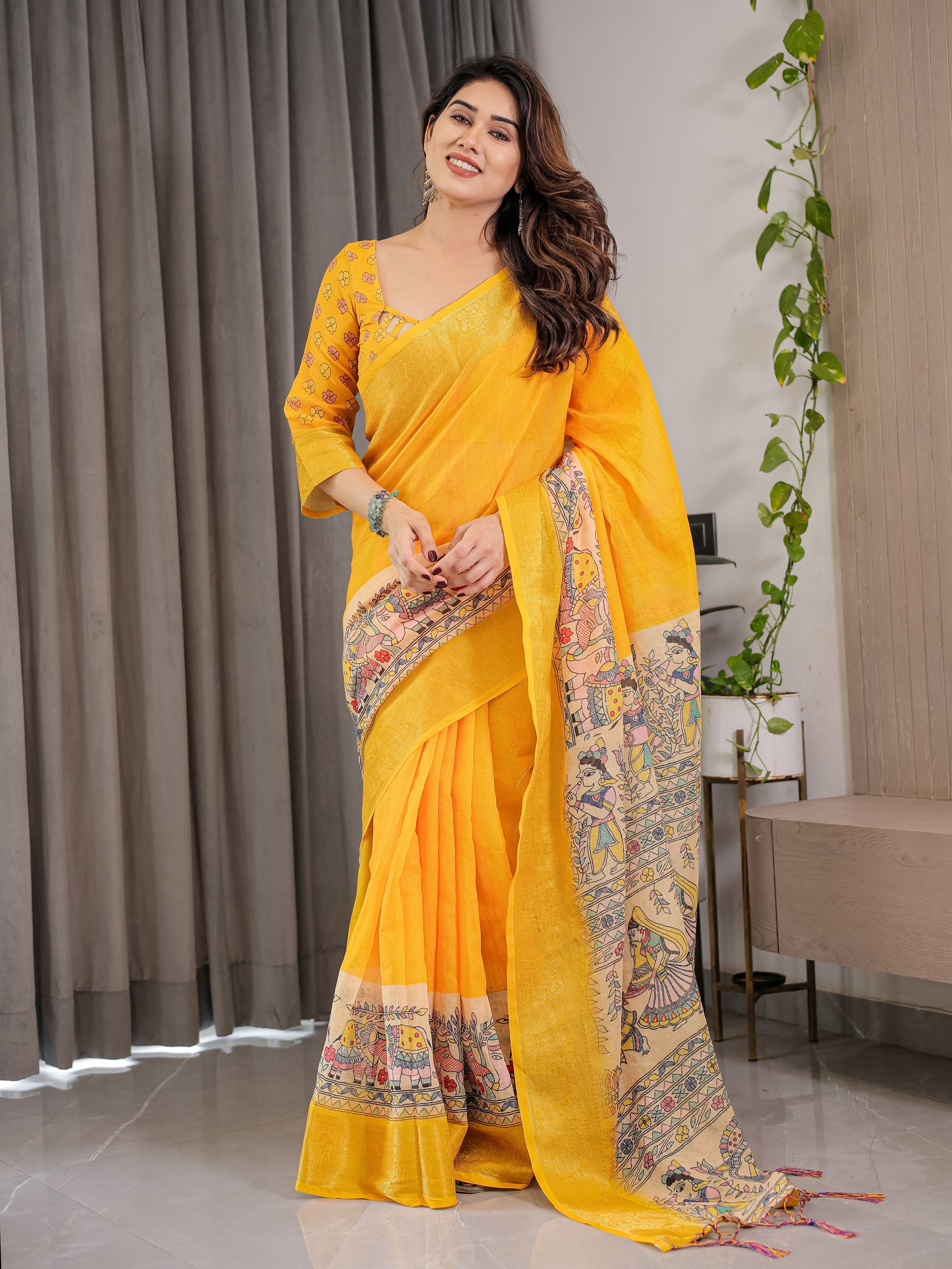 Sunshine Yellow Cotton Linen Saree with Madhubani Pallu & Zari Border | With Blouse Piece