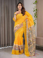Sunshine Yellow Cotton Linen Saree with Madhubani Pallu & Zari Border | With Blouse Piece