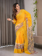 Sunshine Yellow Cotton Linen Saree with Madhubani Pallu & Zari Border | With Blouse Piece