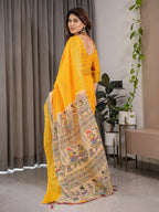 Sunshine Yellow Cotton Linen Saree with Madhubani Pallu & Zari Border | With Blouse Piece