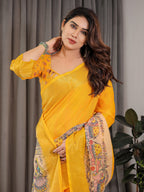 Sunshine Yellow Cotton Linen Saree with Madhubani Pallu & Zari Border | With Blouse Piece