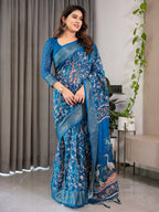 Royal Blue Cotton Linen Saree with Nature-Inspired Print, Zari Border & Tassels | With Blouse
