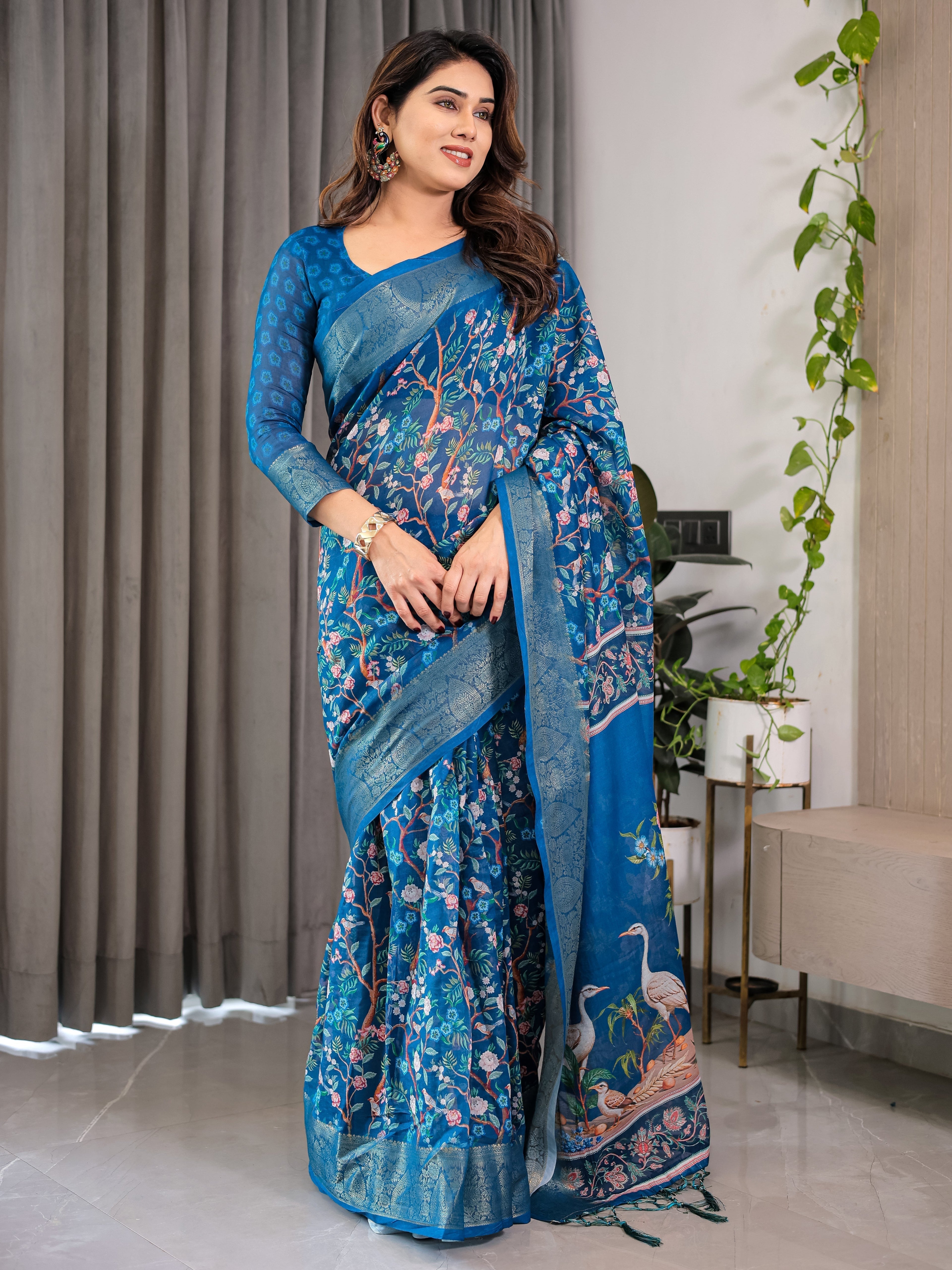 Royal Blue Cotton Linen Saree with Nature-Inspired Print, Zari Border & Tassels | With Blouse