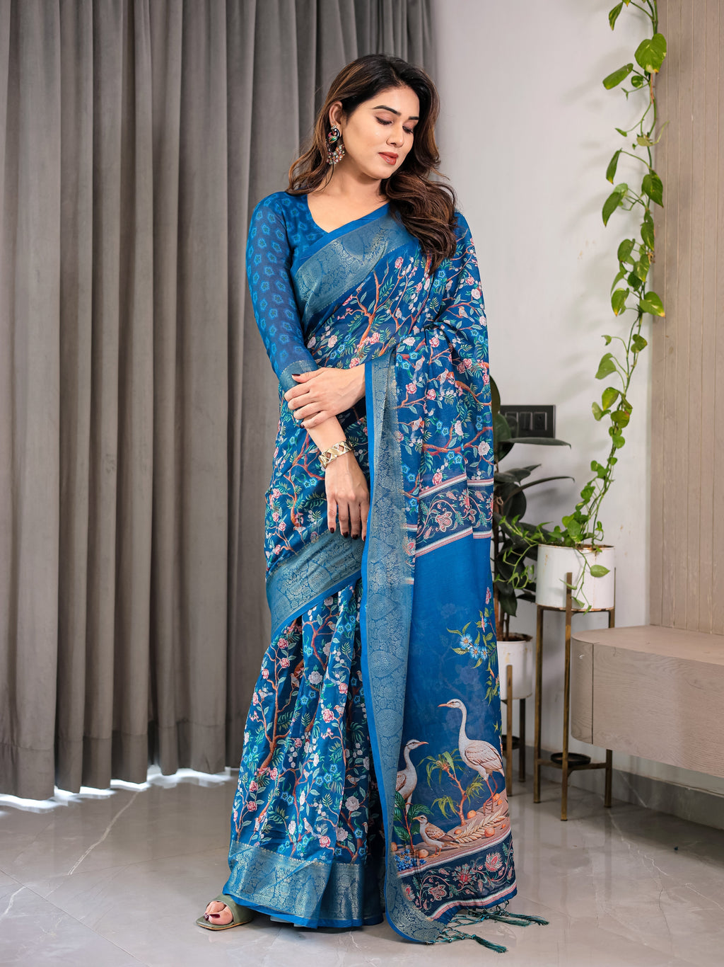 Royal Blue Cotton Linen Saree with Nature-Inspired Print, Zari Border & Tassels | With Blouse