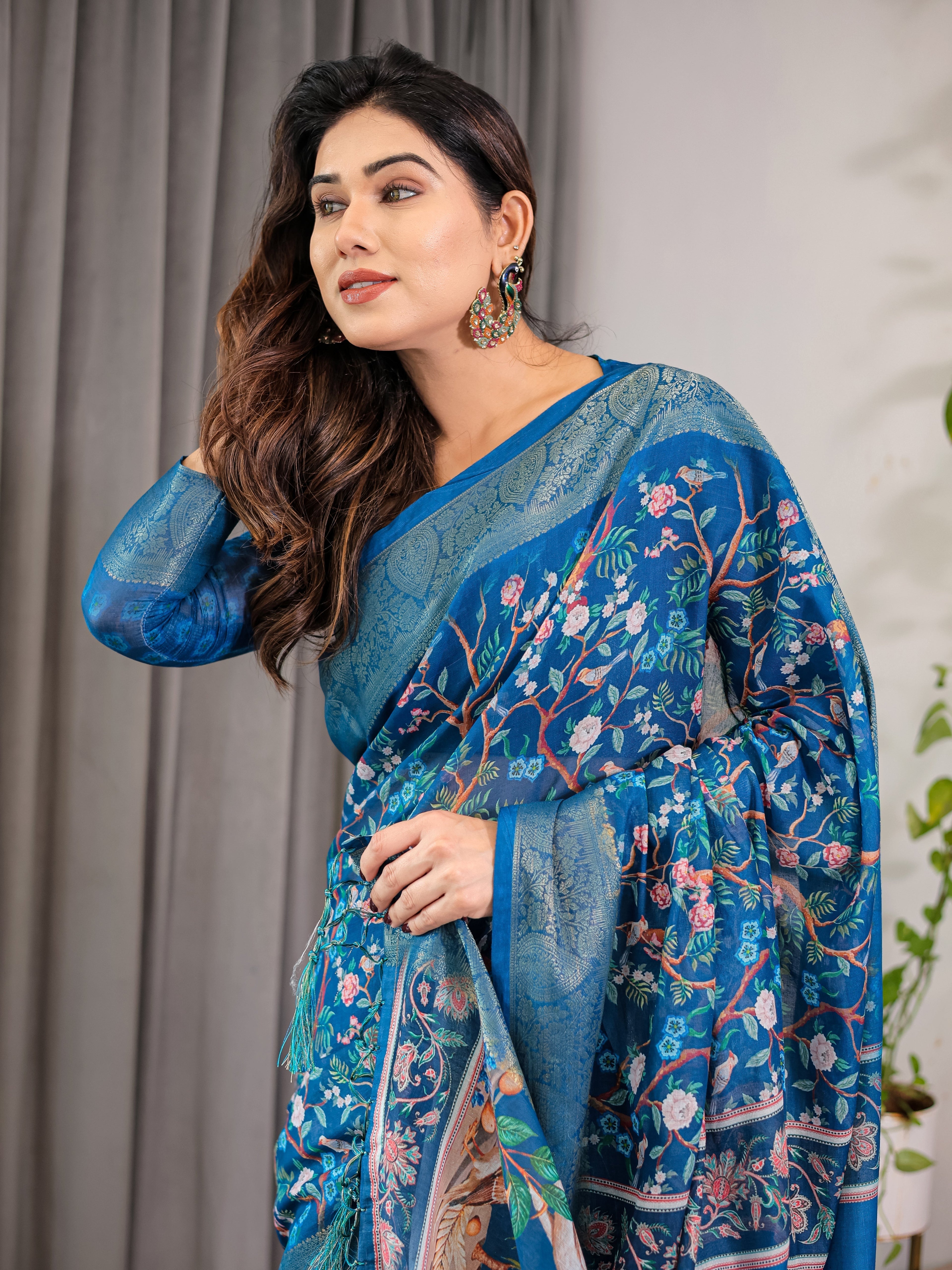 Royal Blue Cotton Linen Saree with Nature-Inspired Print, Zari Border & Tassels | With Blouse