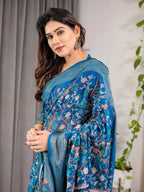 Royal Blue Cotton Linen Saree with Nature-Inspired Print, Zari Border & Tassels | With Blouse